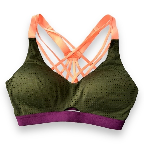 Victoria Secret VSX Strappy Sports Bra Olive Orange Purple 32D - Picture 1 of 5